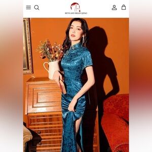 Beth and Brian Blue Silk Satin Jacquard Qipao
